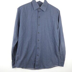 Tasso Elba Mens Shirt Small 14-14.5 Blue Long Sleeve Button Diamond Print Cotton